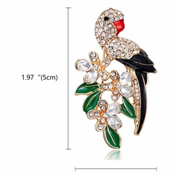 Parrot Brooch Pin Back Crystal Rhinestone Leaves Branches - Pin Back- Detailed - Picture 5 of 7